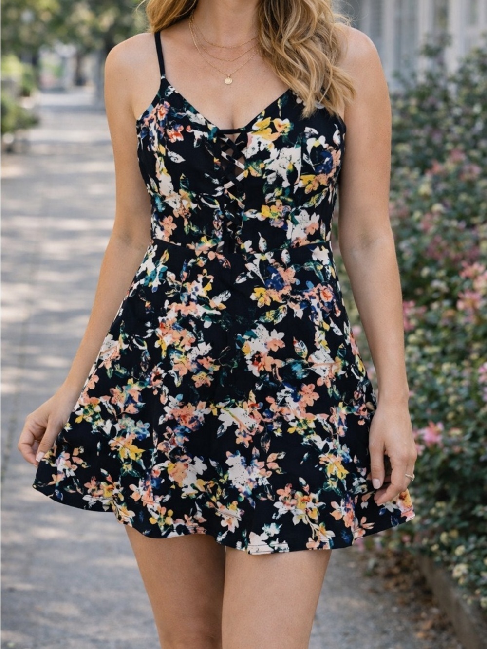 Material Girl Floral Mini Dress Large Strappy Fit & Flare Summer Casual Dress